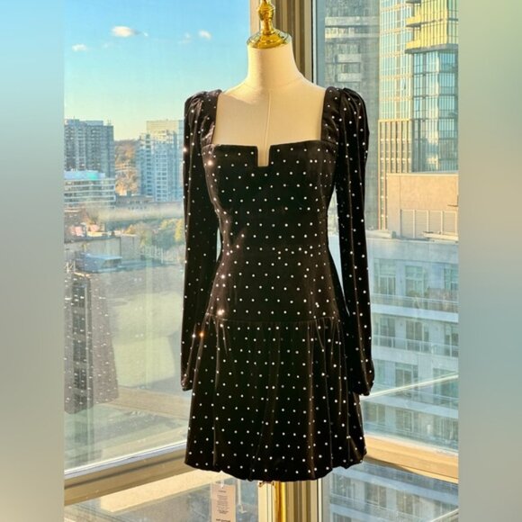 🆕 SELF-PORTRAIT 🧿 NWOT Black Velvet Diamante Mini Dress - Picture 4 of 16
